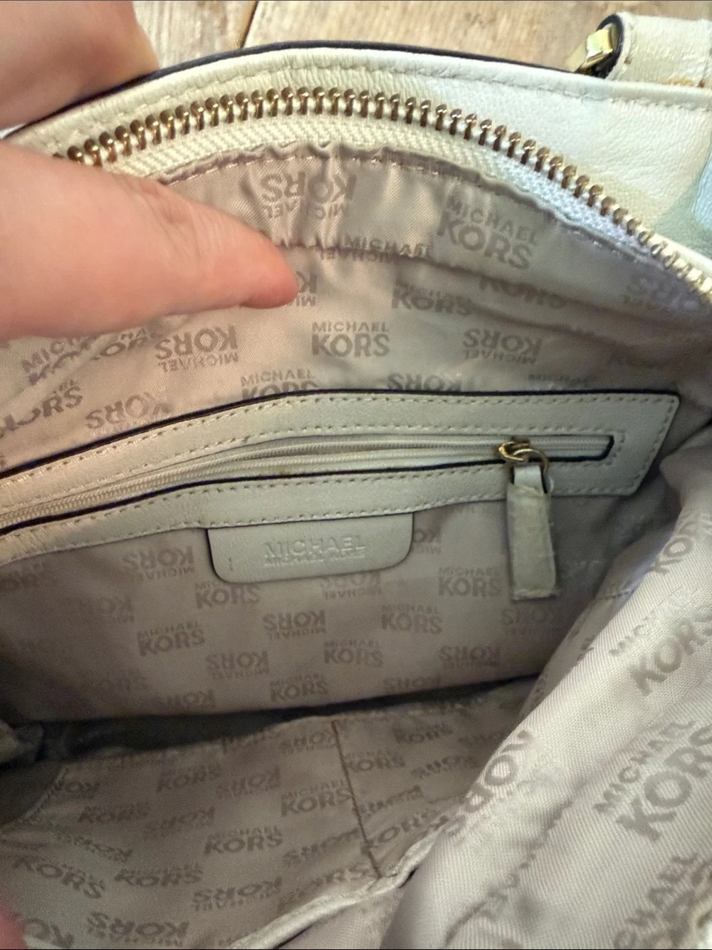 Michael Kors Beige Canvas Shoulder Bag with White Leather Trim